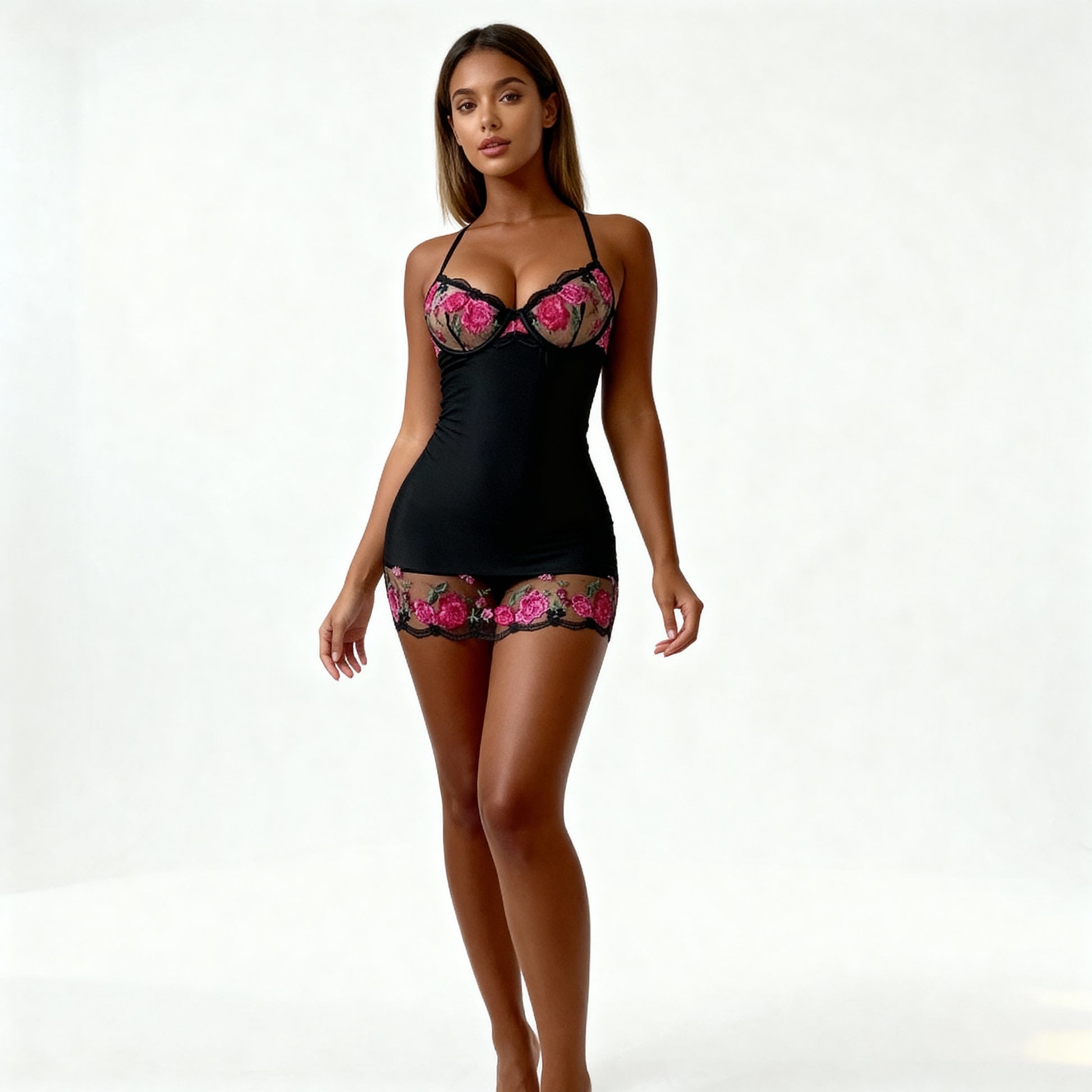 Leticia Nuisette Noire Élégante Avec Broderie Florale Rose Pour Une Silhouette Raffinée by Les Secrets de Léa