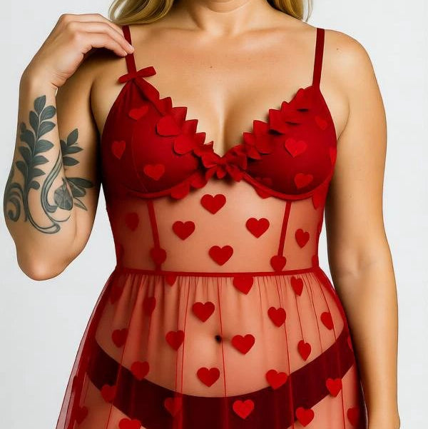 Les Secrets de Léa – nuisette rouge en tulle à cœurs – Valentina