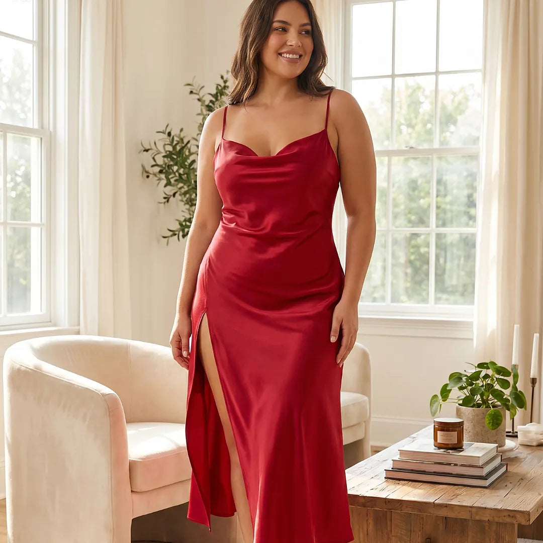 Robe de nuit satin col drapé dos fendu – Modèle 77776554