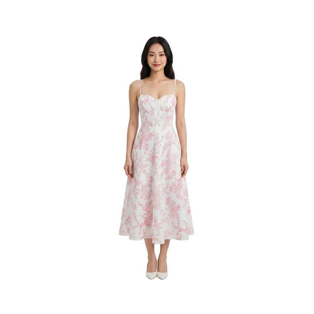 Robe longue florale à bretelles spaghetti et coupe évasée – Modèle Rose
