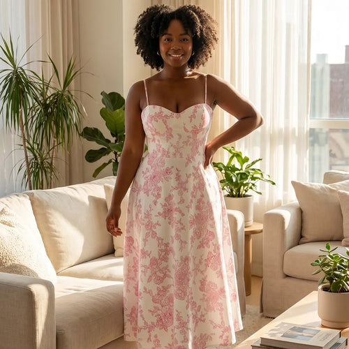 Robe longue florale à bretelles spaghetti et coupe évasée – Modèle Rose