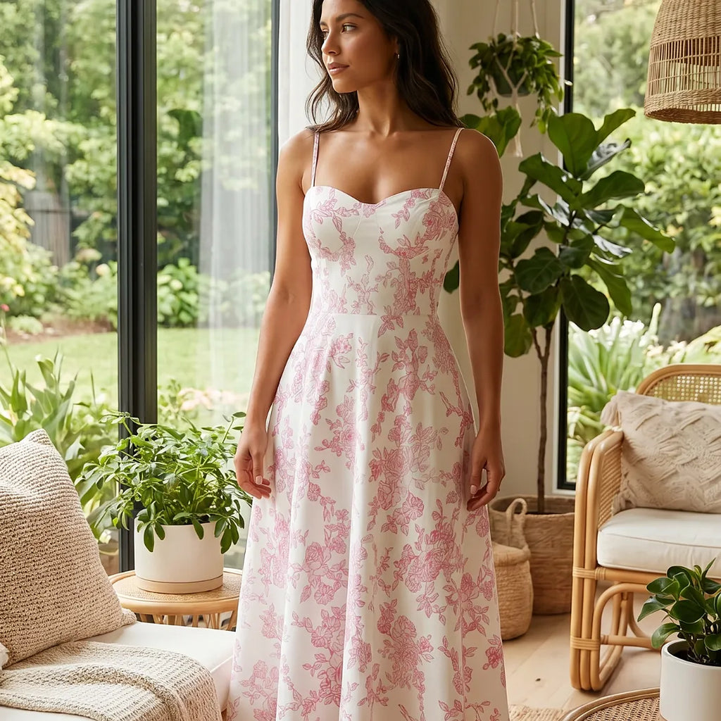 Robe longue florale à bretelles spaghetti et coupe évasée – Modèle Rose