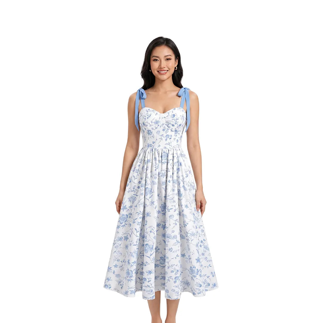 Robe mi-mollet bretelles fines imprimé floral