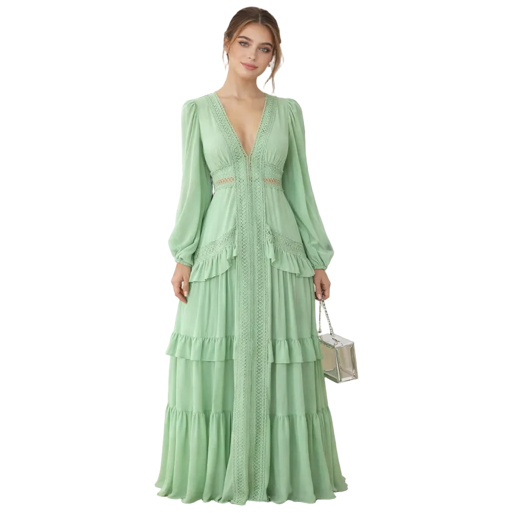 Robe longue ajourée col V taille empire manches lanternes