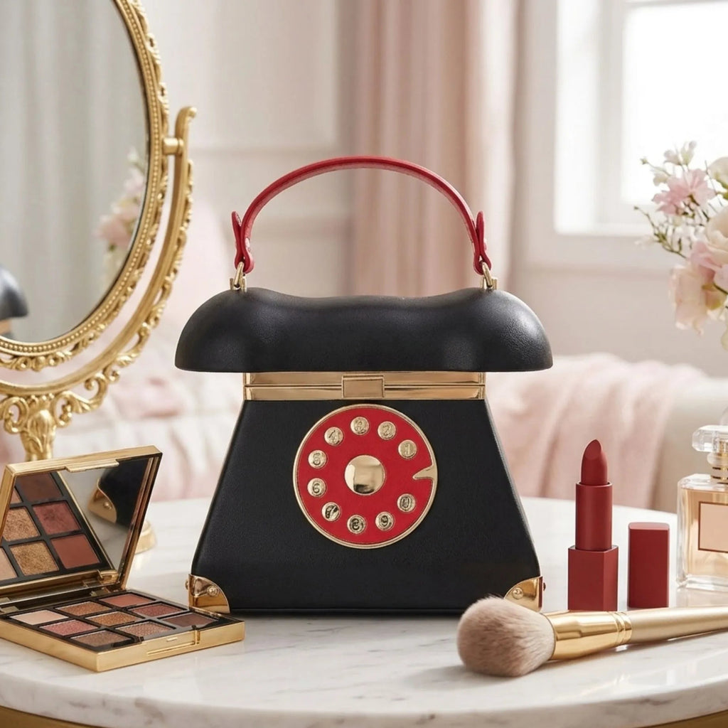 Cette image présente le sac de maquillage posé sur une coiffeuse en marbre chic. Il est entouré de produits de beauté haut de gamme, comme une palette de fards à paupières dorée ouverte, un rouge à lèvres de marque et un pinceau moelleux, le tout sous une lumière douce et naturelle. L'ambiance est luxueuse et organisée.