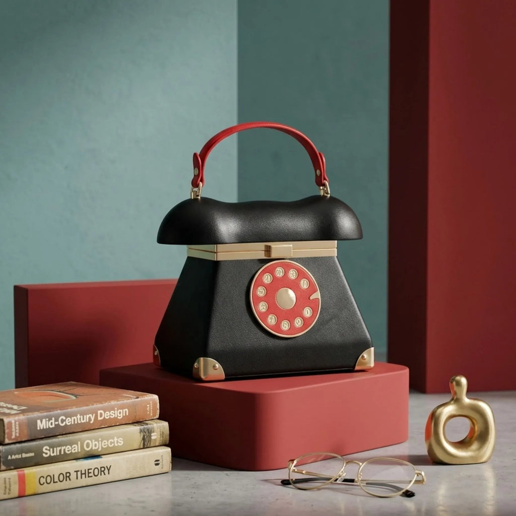 Cette image 1x1 adopte une esthétique minimaliste et graphique. Le sac est placé sur un piédestal géométrique rouge vif, contrastant avec un mur d'accent bleu cobalt. Il est entouré d'objets d'art curieux : une pile de livres d'art aux couvertures vintage et un petit buste abstrait en céramique dorée. Un éclairage dramatique de type studio sculpte les formes, créant un dialogue visuel fort entre le design vintage du téléphone et un environnement d'art contemporain. L'ambiance est artistique et audacieuse.