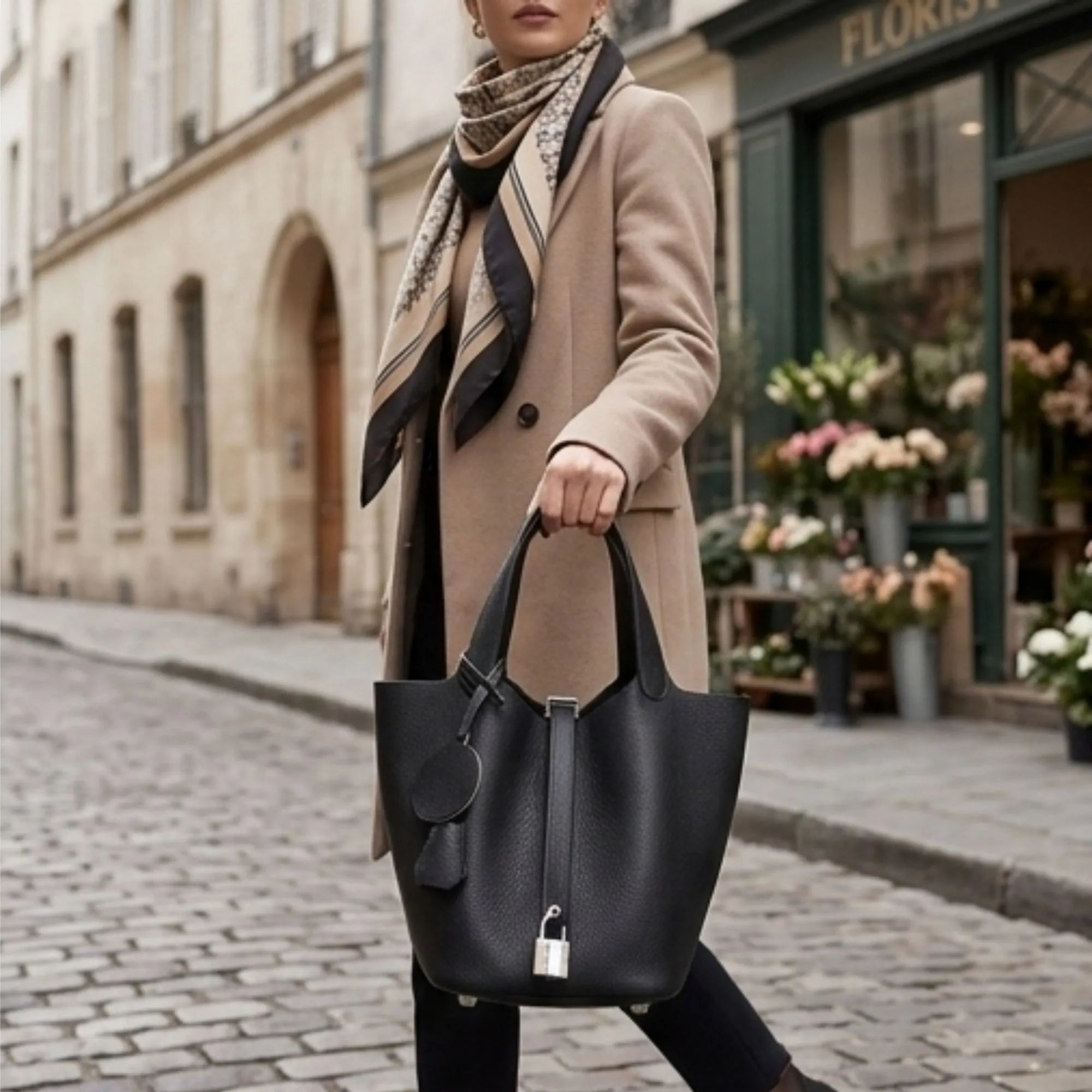 Une femme portant un élégant manteau beige et une écharpe marche dans une rue pavée. Elle tient son sac à main noir à la main, sa bandoulière reposant sur son épaule.